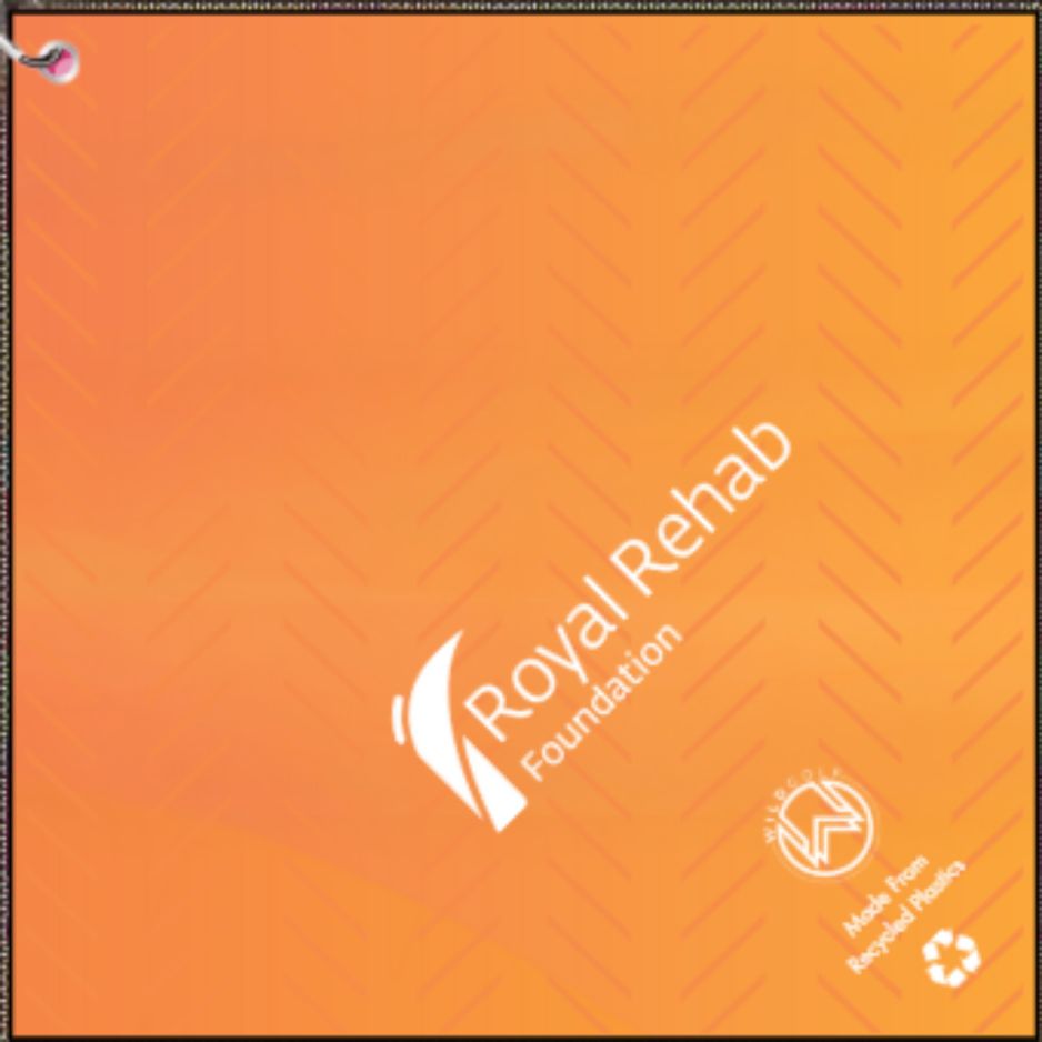 charity golf towel Orange background with 'Royal Rehab Foundation' logo and text