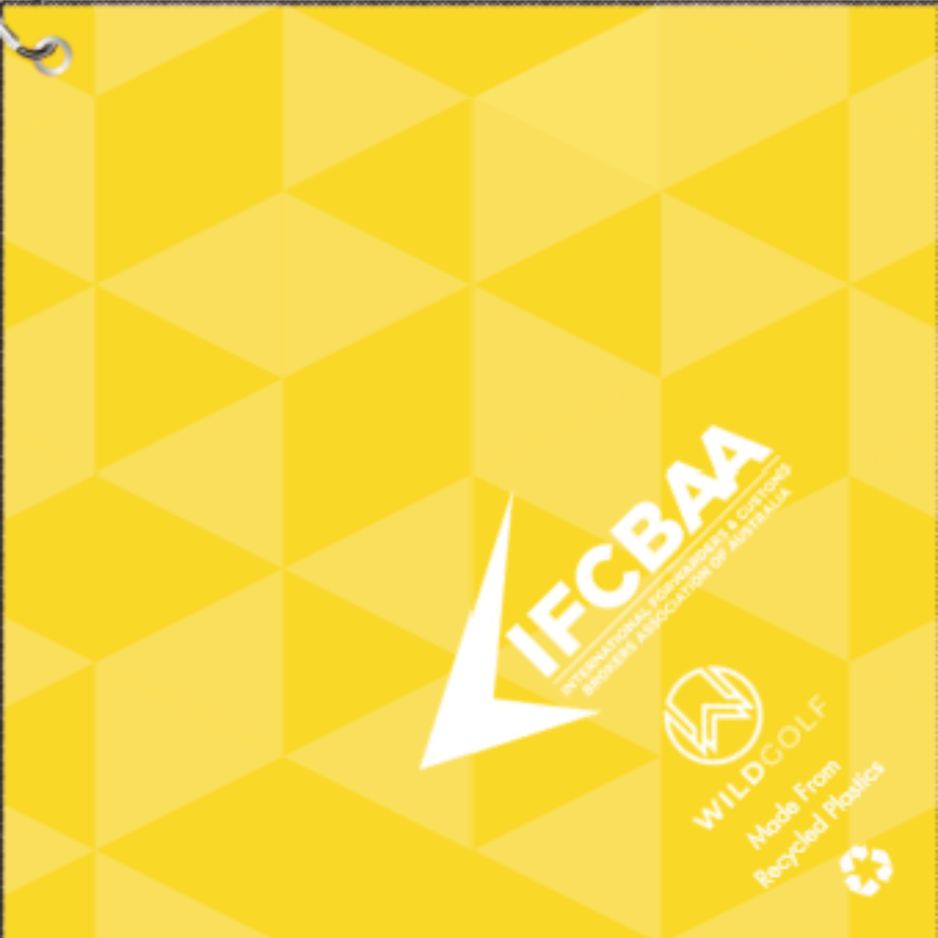 corporate golf towel Yellow geometric patterned product with IFCBAA branding