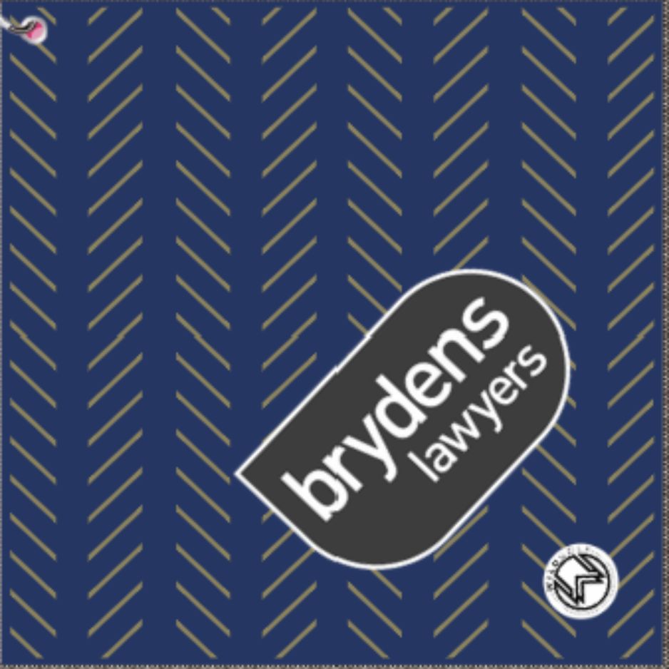corporate golf towel Brydens Lawyers logo on a blue background with a geometric pattern