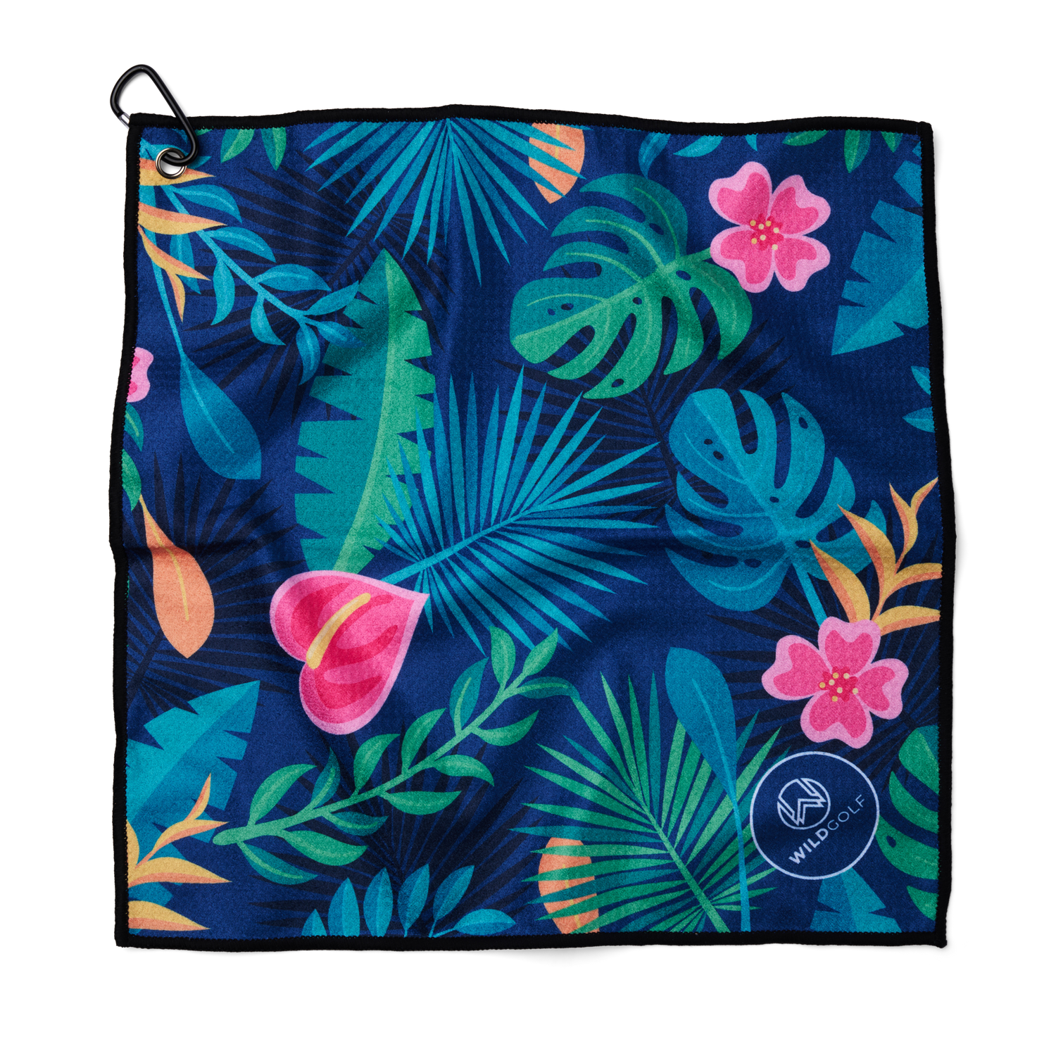 tropical blue golf towel with wild golf logo