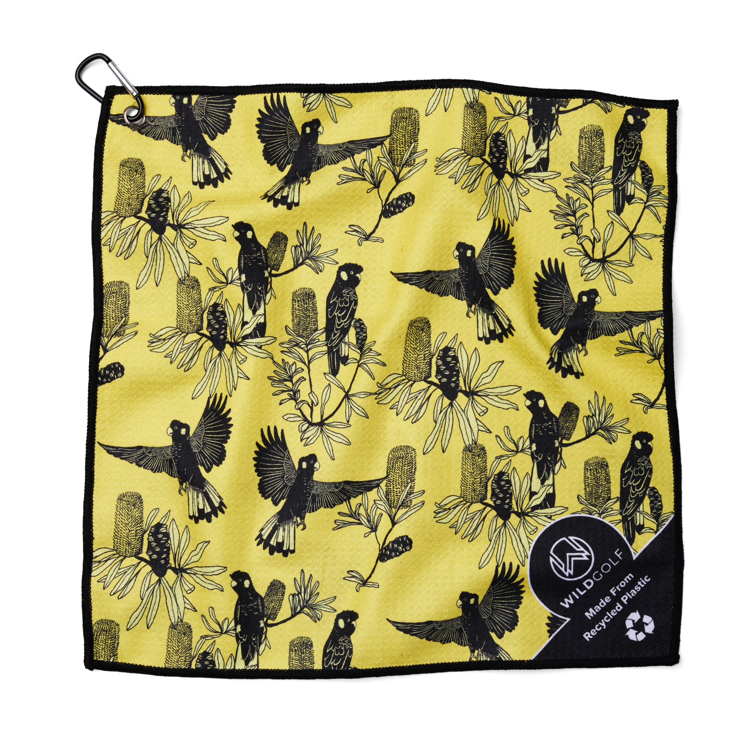 golf towel yellow with black cockatoo print by hamish burrel
