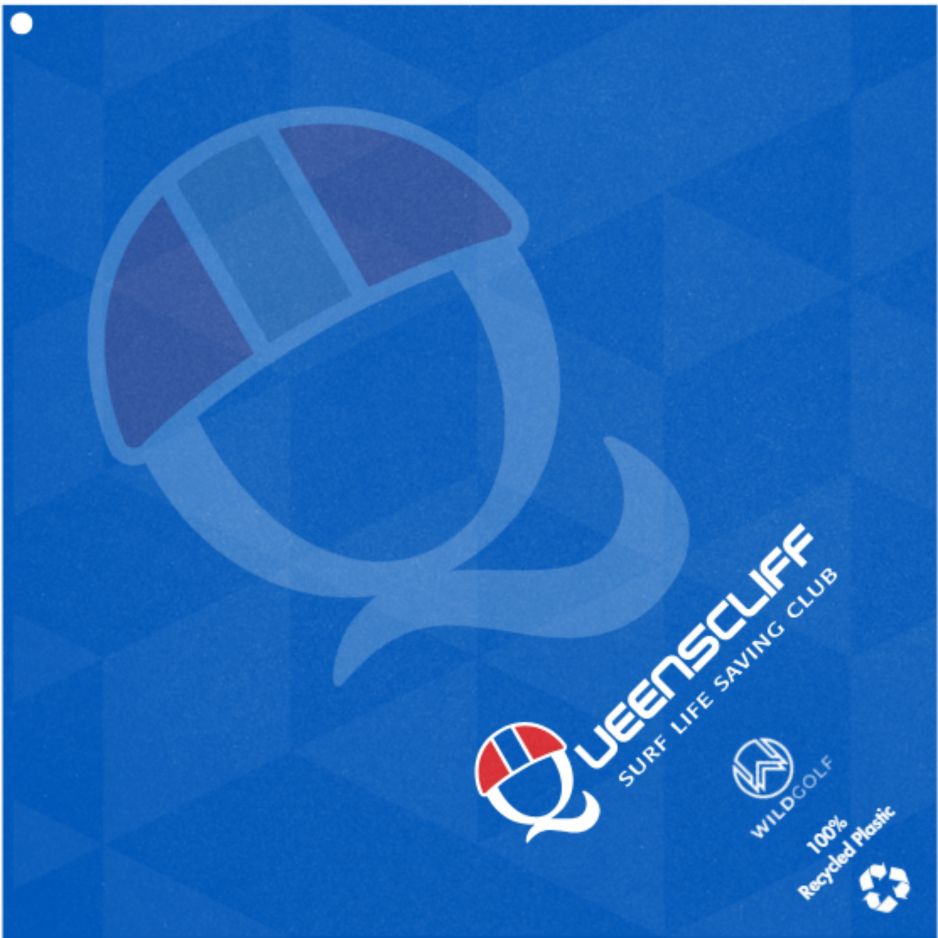 charity golf towel with Blue background with Queenscliff Surf Life Saving Club logo and text
