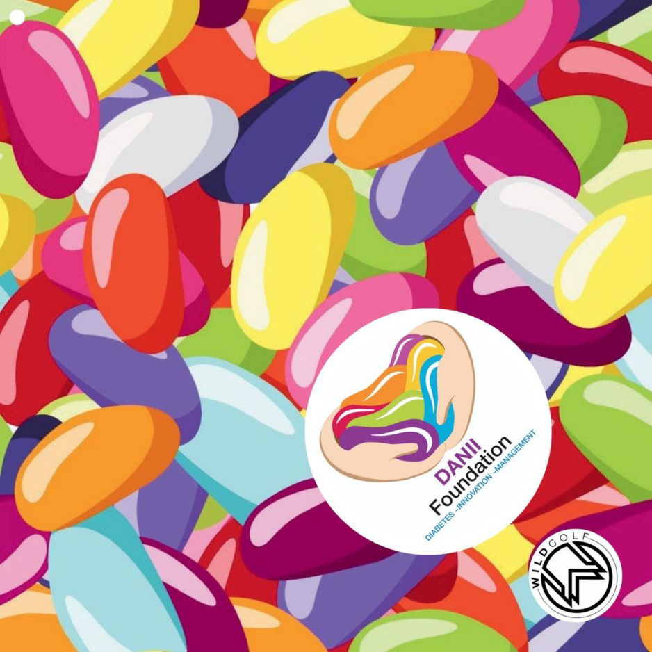 charity golf towel Colorful jelly beans with a DANI Foundation logo in the center.