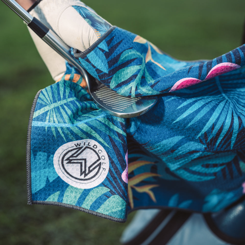 blue tropical golf towel cleaning golf club