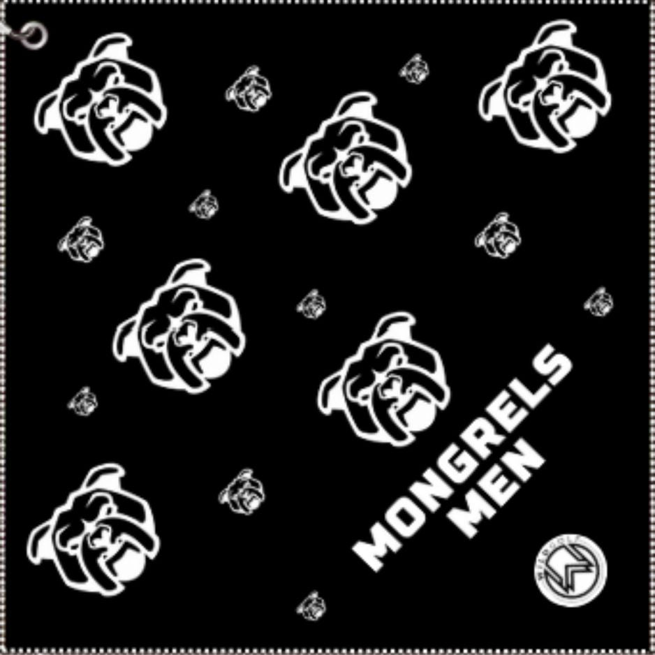 charity golf towel Black  with white dog logo and 'Mongrels Men' logo